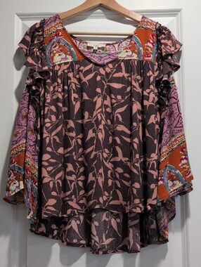 EASEL Mixed Print Boho Tunic Top Size Large Ruffle Sleeve High Low Hem Floral